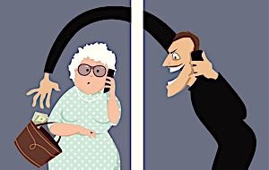 sleazy man picking pocket of old woman