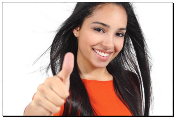 confident woman gives thumbs up in approval of her success