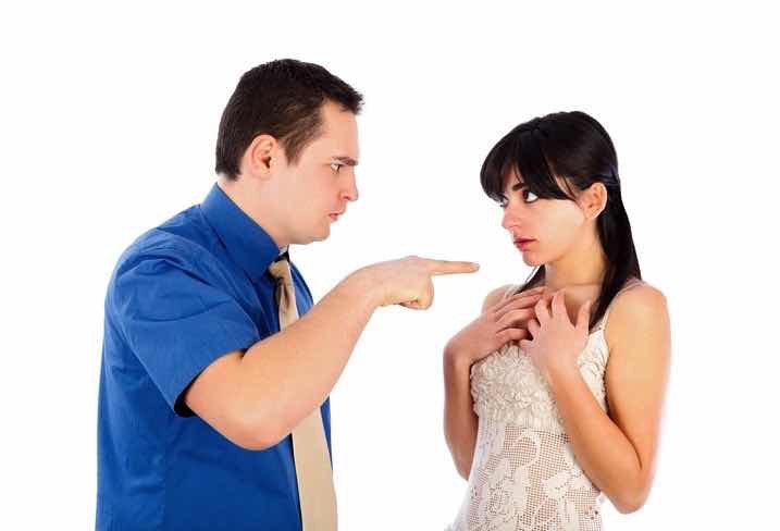 angry man points finger at meek woman