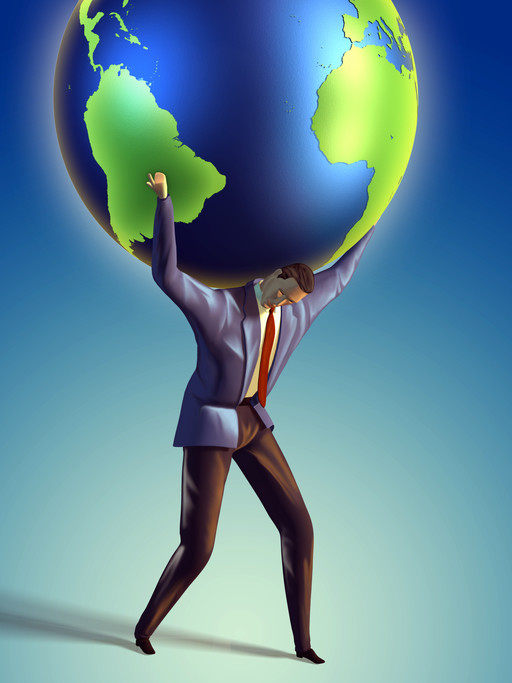 man overloaded with work symbolized by holding the earth on his shoulders