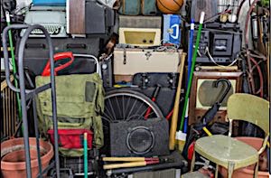 garage cluttered with junk