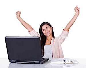 Happy woman cheers at work
