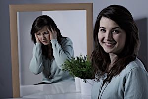 Woman showing two different moods