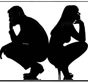 puzzled man and woman siting back to back