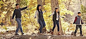 Family hiking in woods