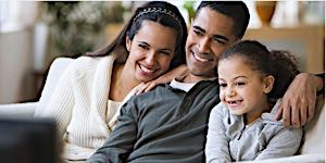 mom and boyfriend and daughter happy watching TV