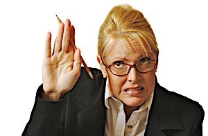 annoyed office worker holds up hand indicating to stop it.