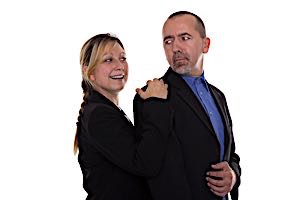 aggressive woman with annoyed man