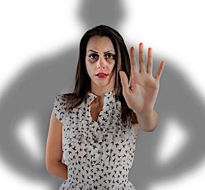 woman with black eye telling man to stop