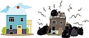House littered with garbage bags