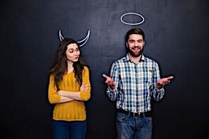 two people, one with a halo and one with horns