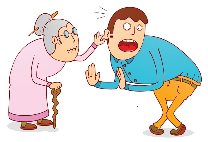 older mother pinching grown up son's ear